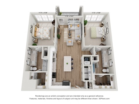 Floor plan for 2 beds, 2 baths, 1225 sqft